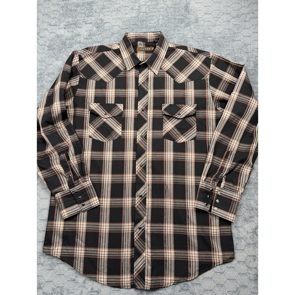 Roper Shirt Mens XL Black‎ Plaid Western Pearl Snap Long Sleeve Cowboy Rodeo